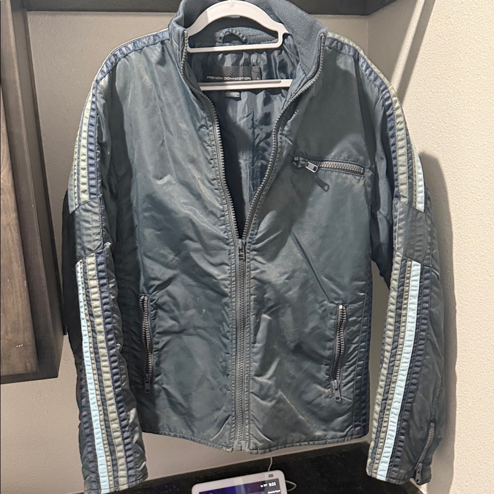 French Connection Dark Gray Windbreaker with Striped Sleeves